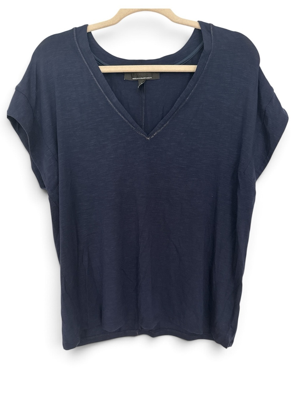 White House Black Market Navy Shimmer V-Neck Top Size L